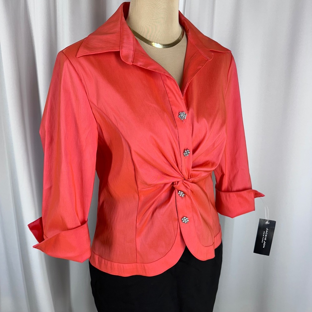 Jackie Jon NY Blouse Size 6 Coral Twist Front Rhinestone Satin Top‎